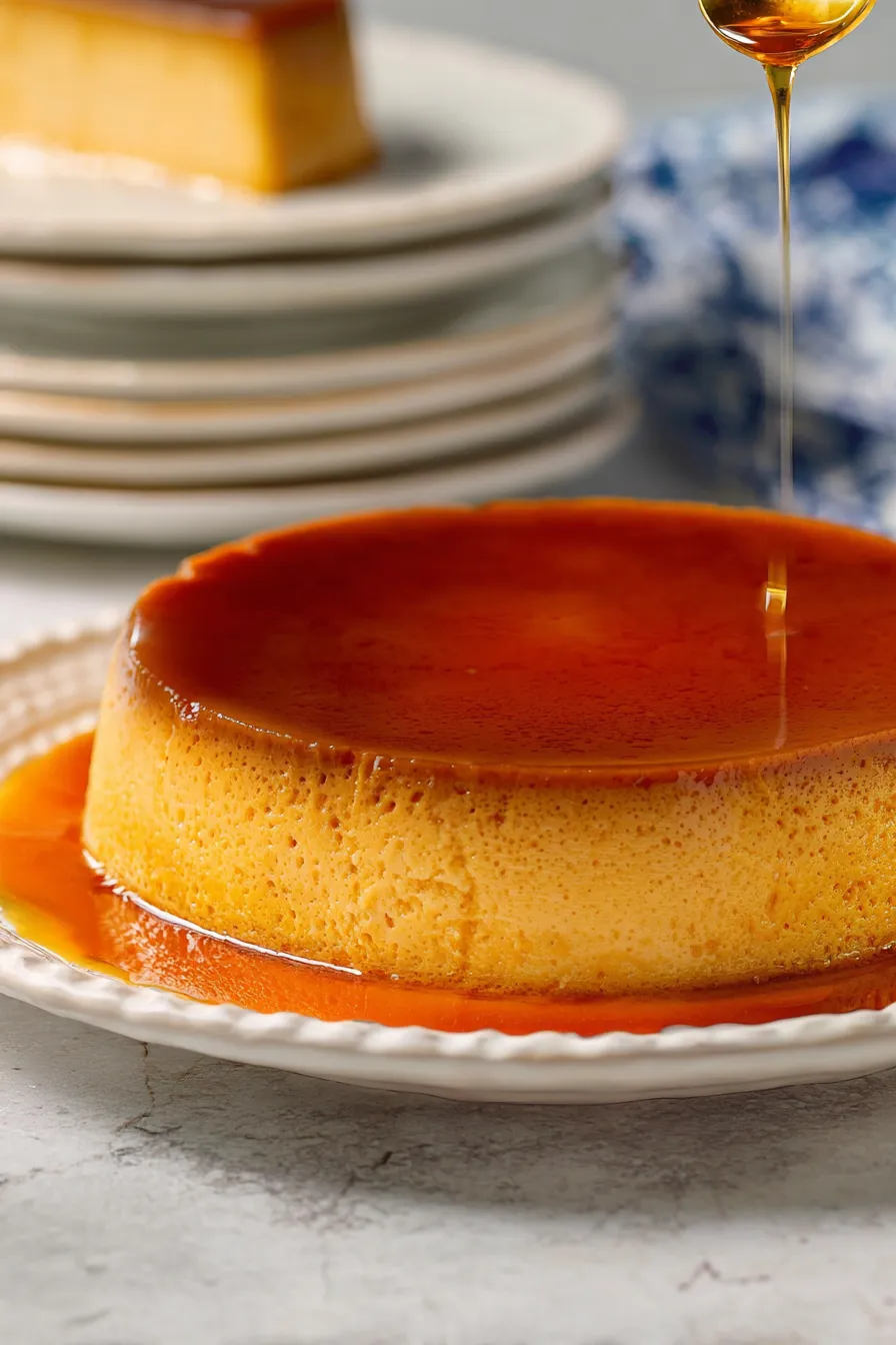 A flan on a plate.