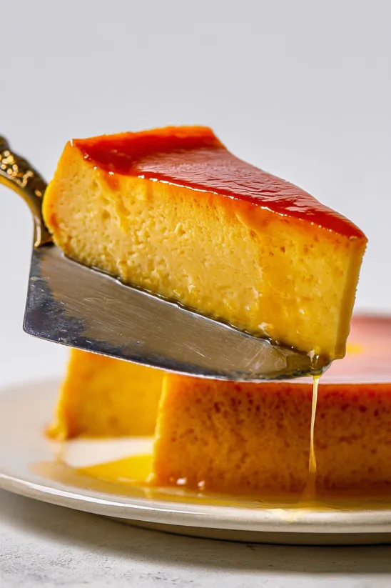 A slice of flan with a knife in it.