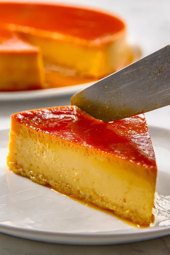A slice of flan on a plate.