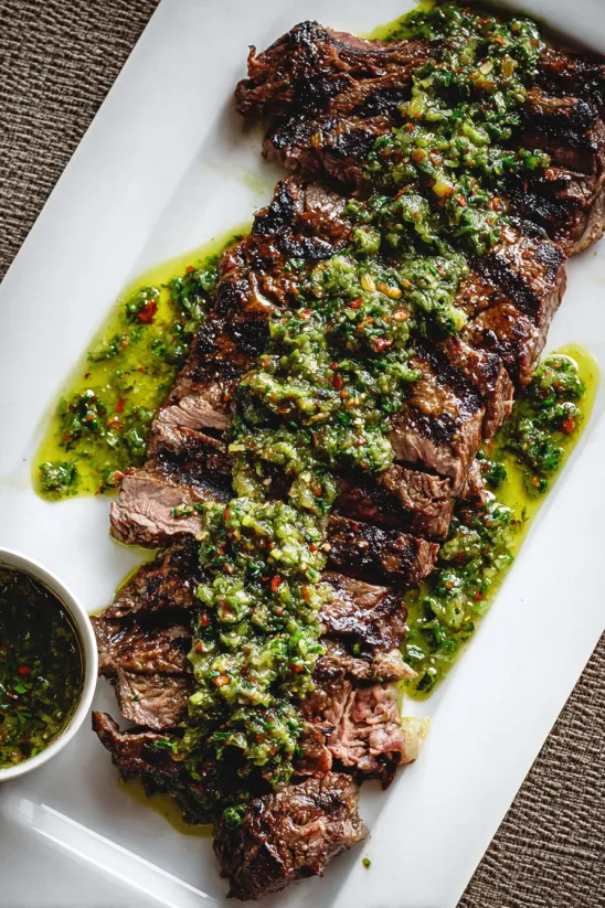 A plate of grilled steak with a green sauce.