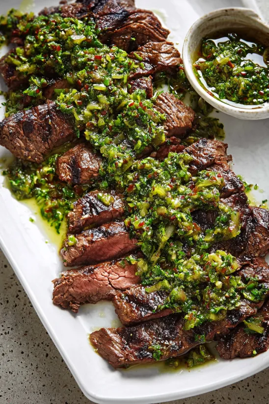 Grilled skirt steak with a green sauce.