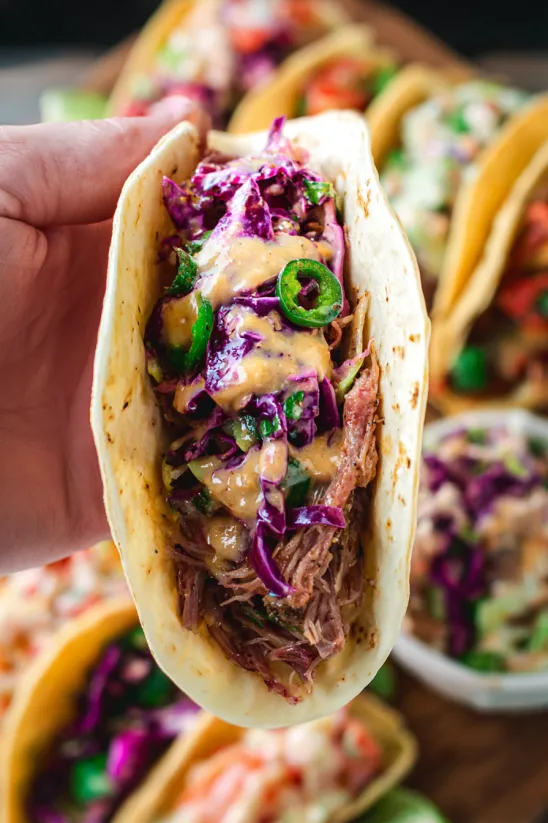A person is holding a taco with meat and cabbage.