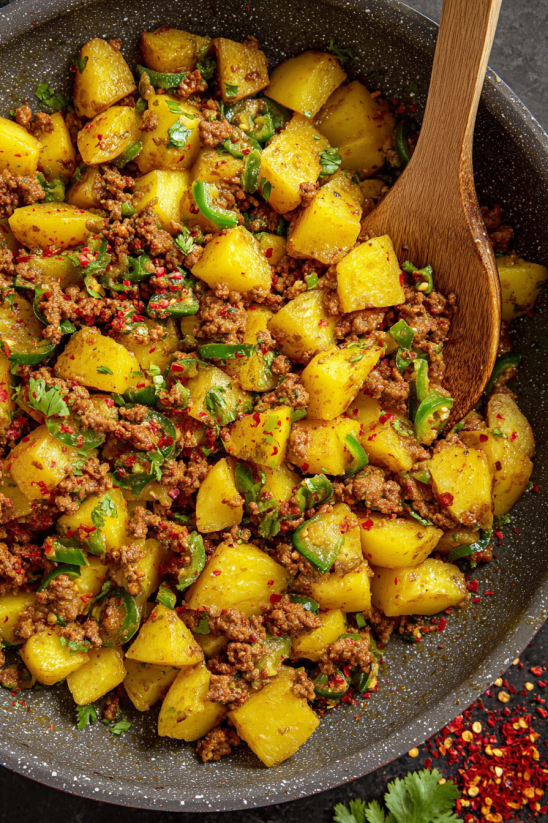 A pan of meat and potatoes.