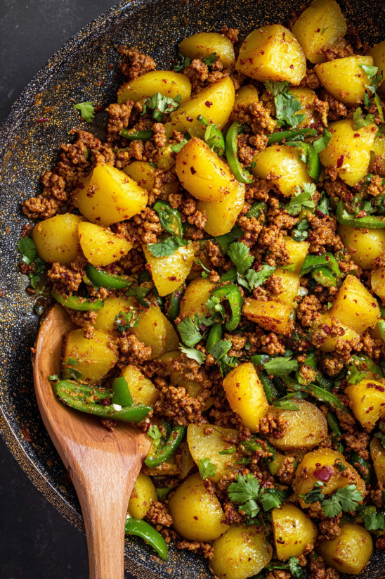 A dish of meat and potatoes.