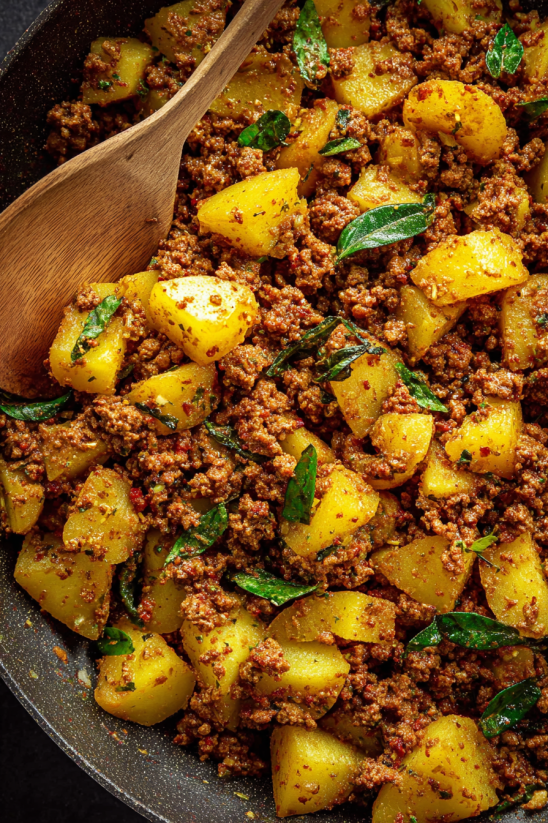 A bowl of meat and potatoes.