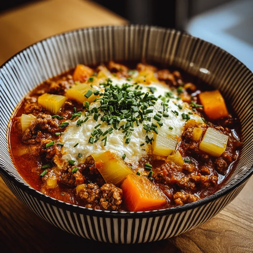 A bowl of soup with meat and vegetables.