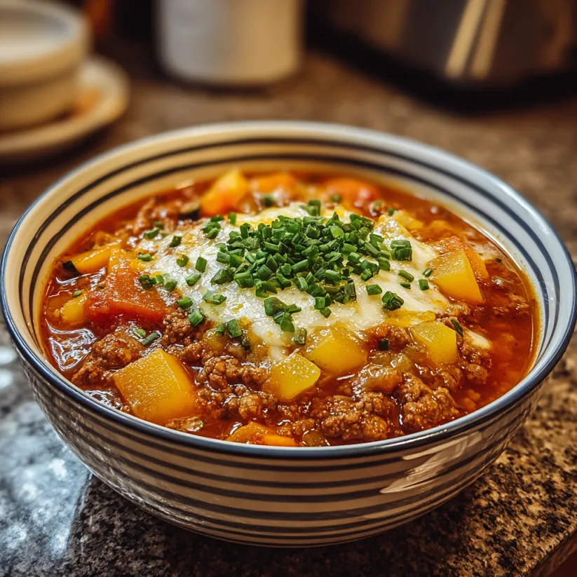 A bowl of soup with meat and vegetables.