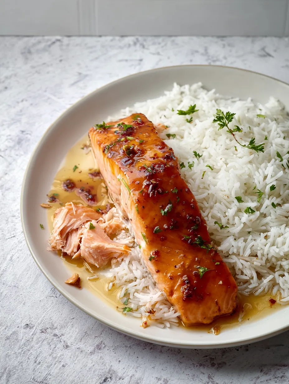 A plate of food with a salmon fillet and rice.