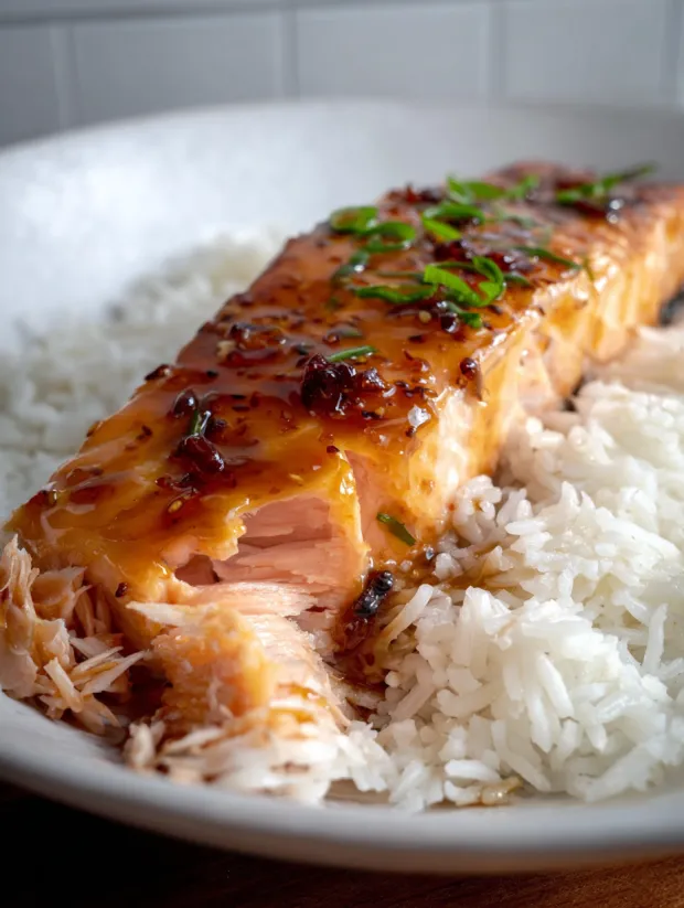 A piece of salmon with a glaze on top.