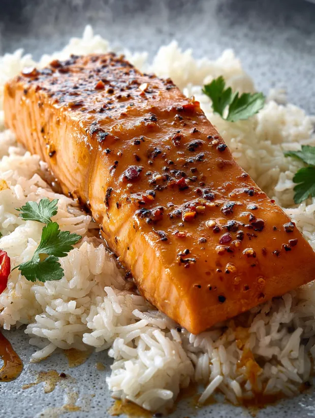 A piece of salmon with a glaze on top.