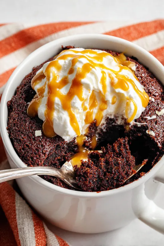 A mug of chocolate peanut butter cake with whipped cream on top.