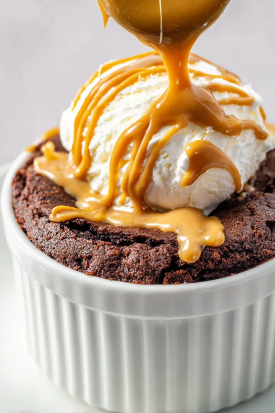 A chocolate peanut butter mug cake with caramel drizzle.