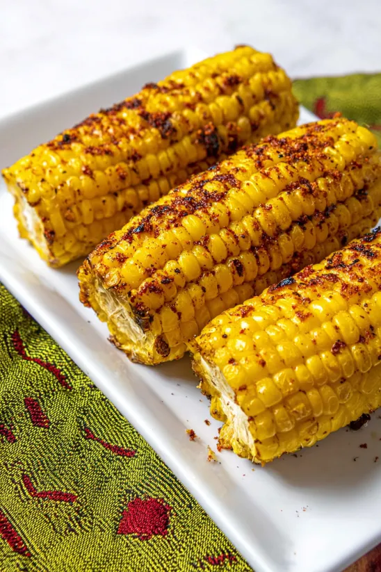 A plate of grilled corn on the cob with jerk rub.