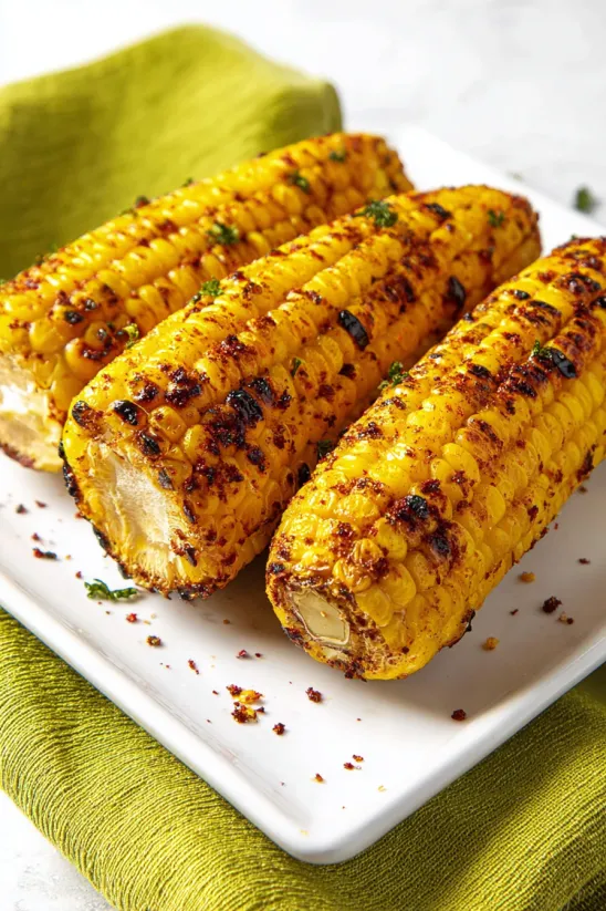 A plate of grilled corn on the cob with jerk rub.
