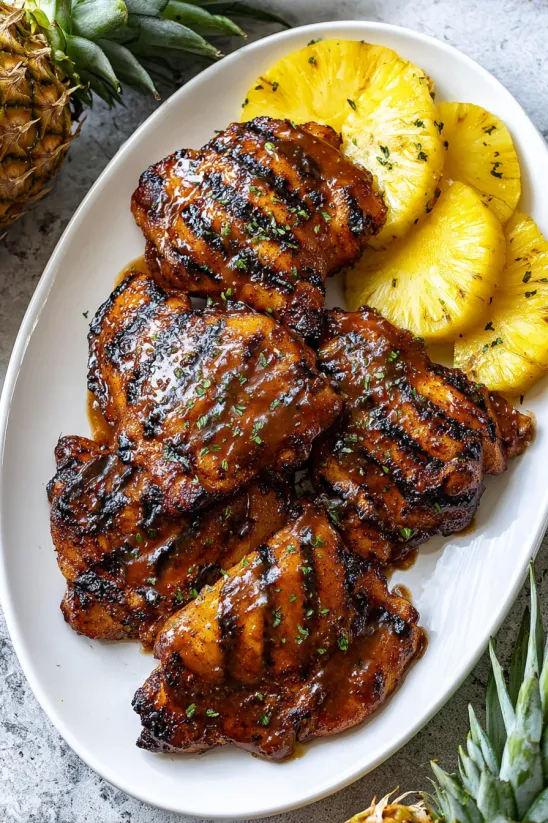 A plate of Huli Huli Chicken with pineapple on the side.