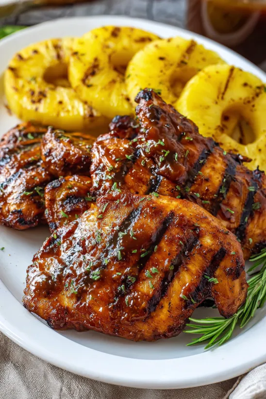 A plate of chicken with a pineapple wedge on top.