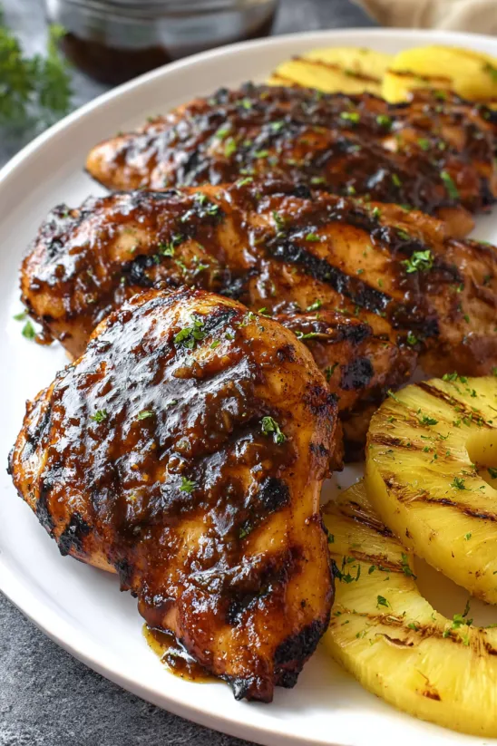 A plate of chicken with a pineapple wedge on the side.