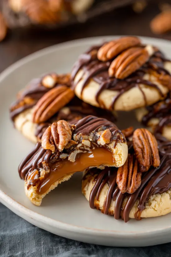 A plate of turtle cookies with chocolate and pecans.