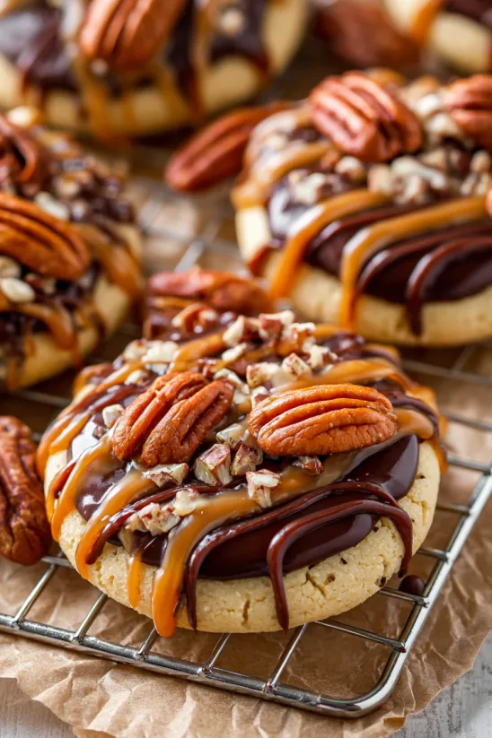 A turtle cookie with chocolate and caramel drizzle.