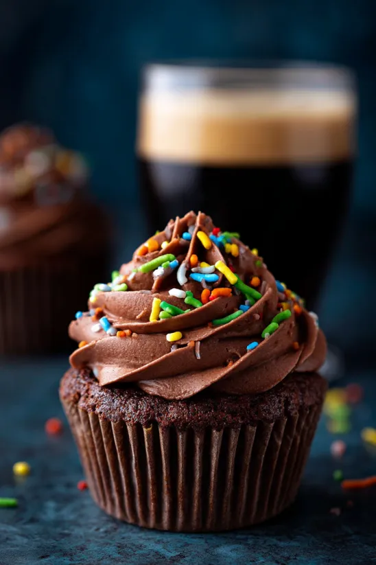 A chocolate cupcake with sprinkles on top.