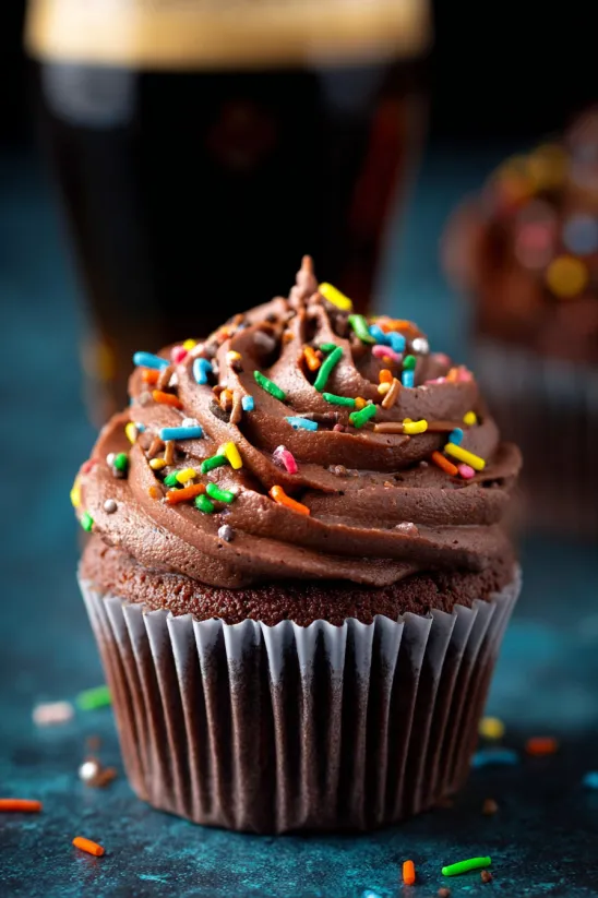 A chocolate cupcake with sprinkles on top.