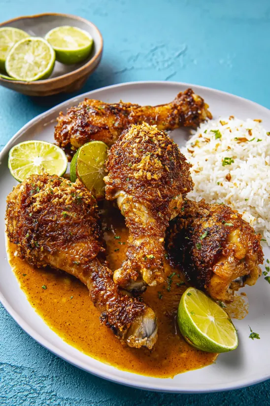 Chicken drumsticks with pumpkin seed sauce.