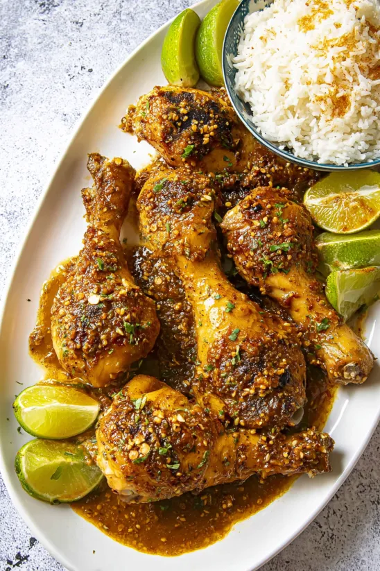Chicken drumsticks with pumpkin seed sauce.
