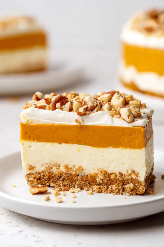 A slice of pumpkin delight on a white plate.