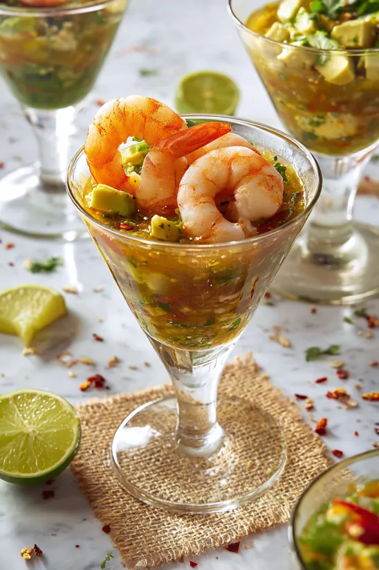 A glass of shrimp cocktail with limes and peppers.