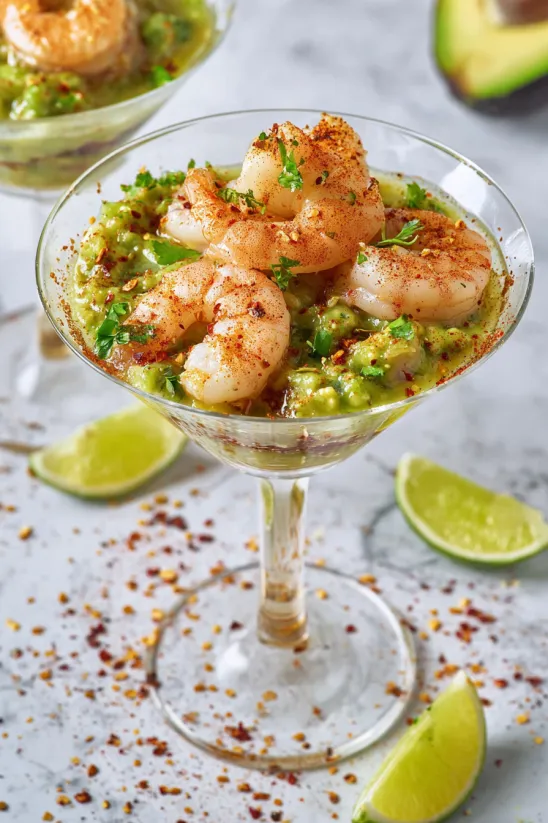 A glass of shrimp cocktail with a lime wedge.