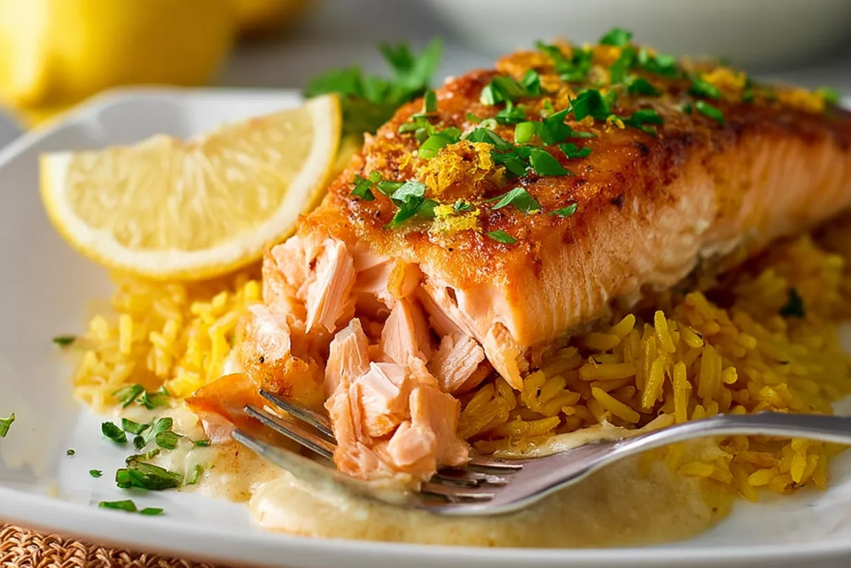 A plate of food with salmon and rice.