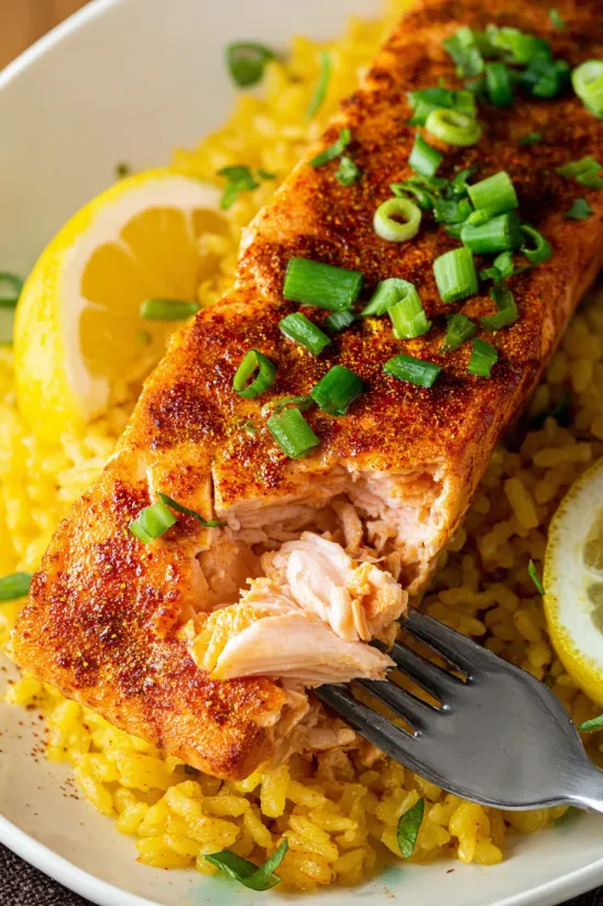 A piece of cooked salmon with rice.