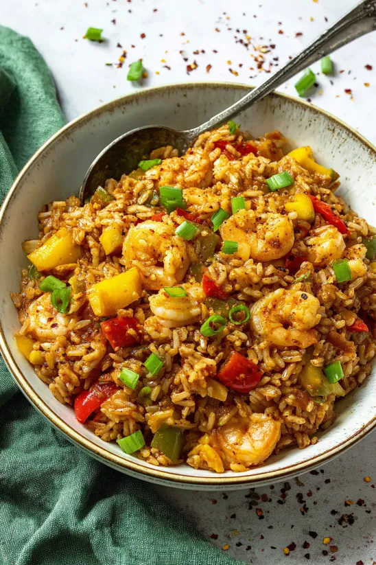 A bowl of rice with shrimp and pineapple.