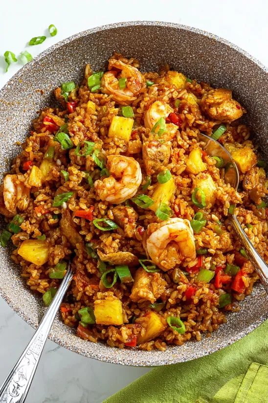 A bowl of rice with shrimp and pineapple.