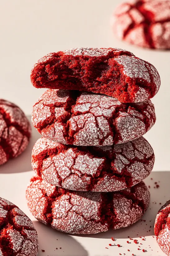 Red velvet crinkle cookies stacked on top of each other.