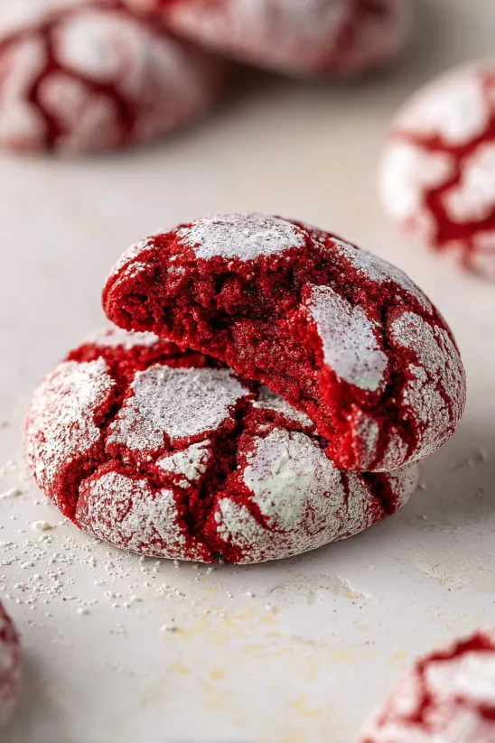 A red velvet crinkle cookie with white frosting.