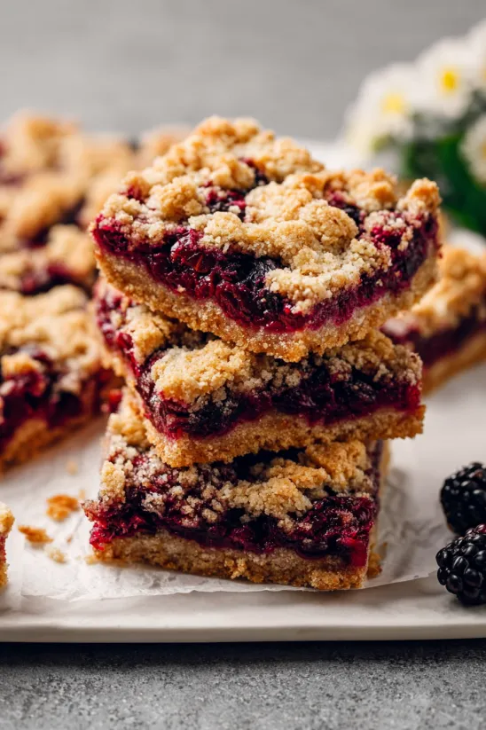 A stack of blackberry pie bars.