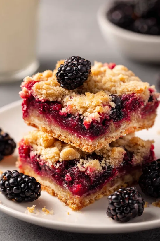 A stack of blackberry pie bars.