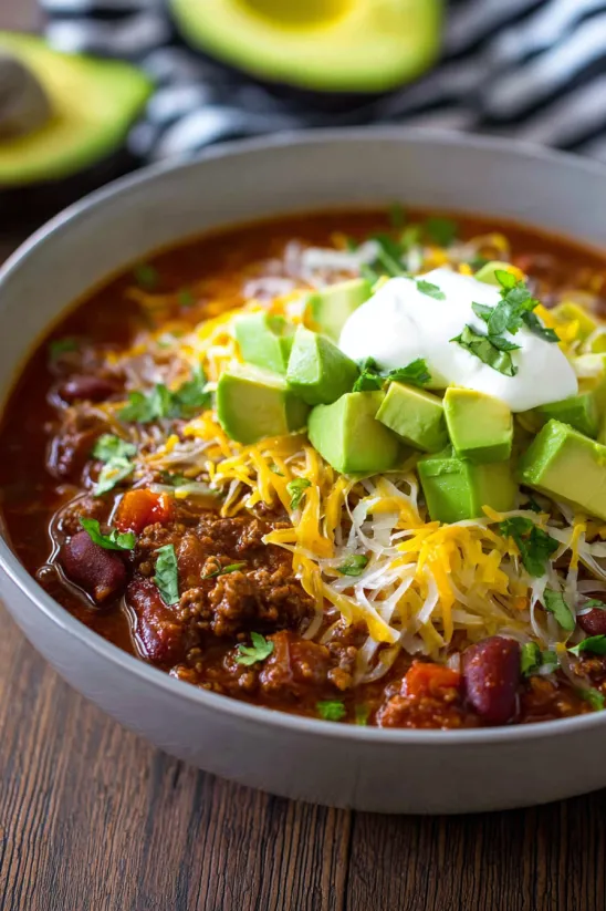 A bowl of chili with avocado and sour cream on top.