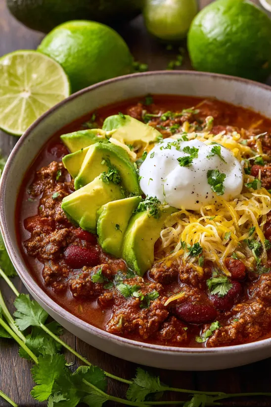 A bowl of chili with a dollop of sour cream on top.