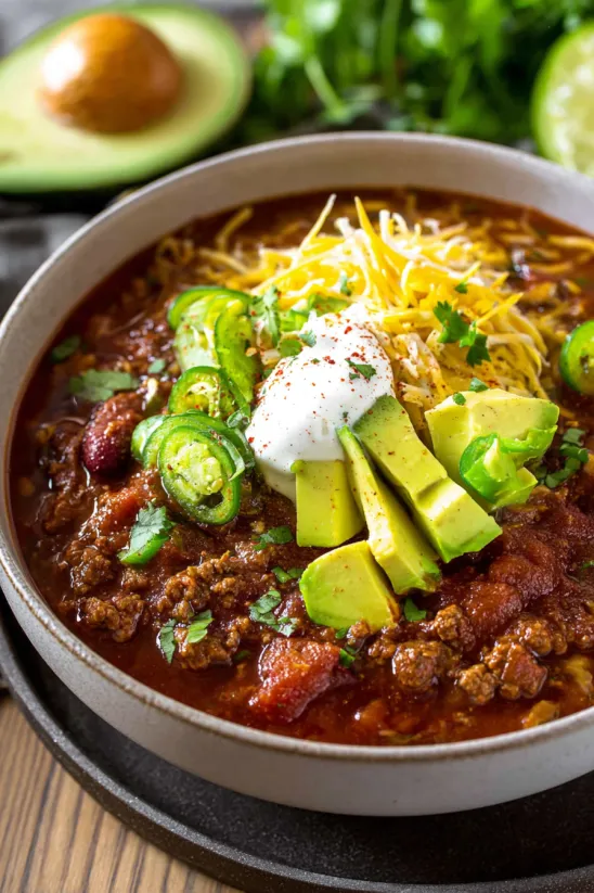 A bowl of soup with chips, cheese, and sour cream.