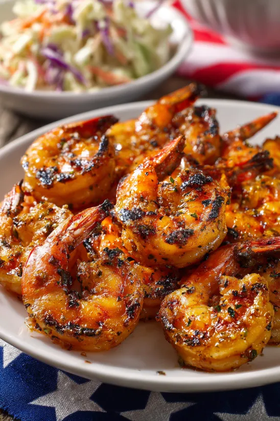 A plate of grilled shrimp with a harissa marinade.