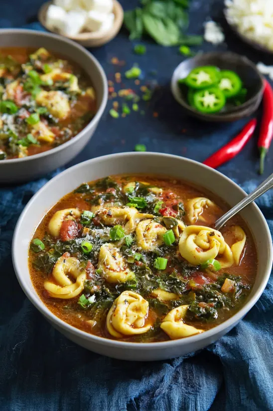 A bowl of soup with chicken and vegetables.