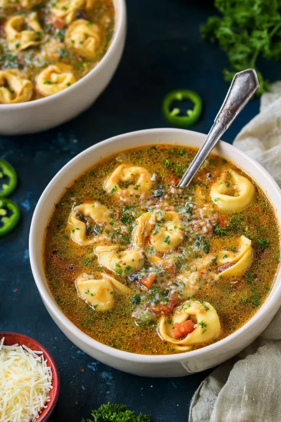 A bowl of soup with a spoon in it.