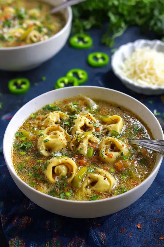 A bowl of soup with a spoon in it.