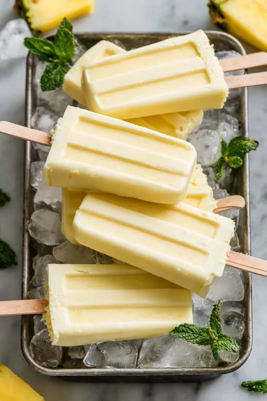 Dole Whip Popsicles are displayed on a tray.