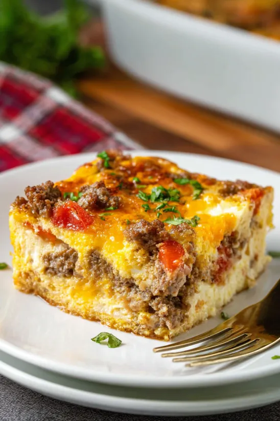 A slice of bacon and sausage casserole.