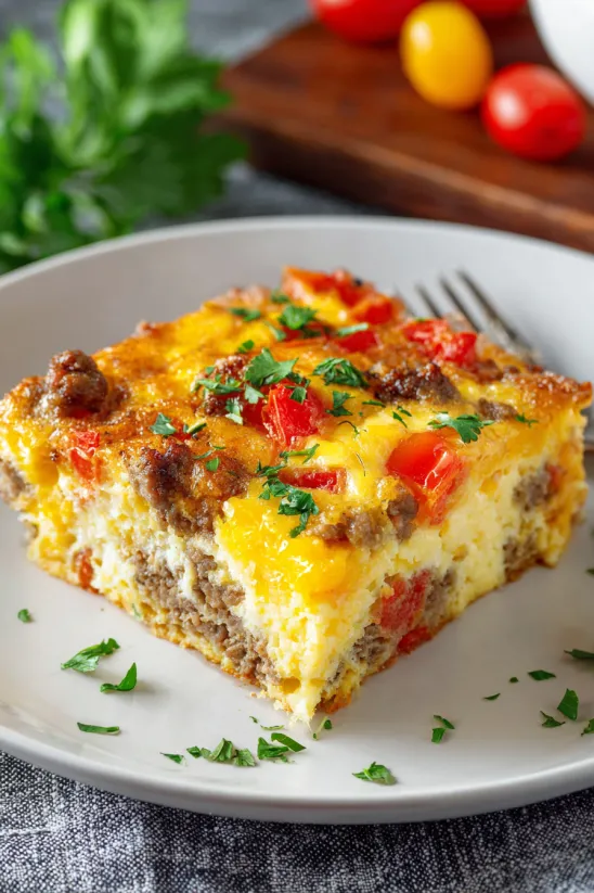 A slice of bacon and sausage casserole on a plate.