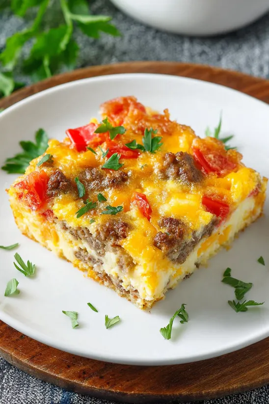 A square piece of food on a plate.