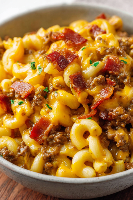 A close up of a cheeseburger macaroni dish.
